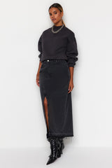 Dark Blue Slit Maxi Denim Skirt Twoss23et00289