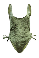 Khaki Square Collar Jointed Velvet High Leg Swimsuit Tbess23ma00147