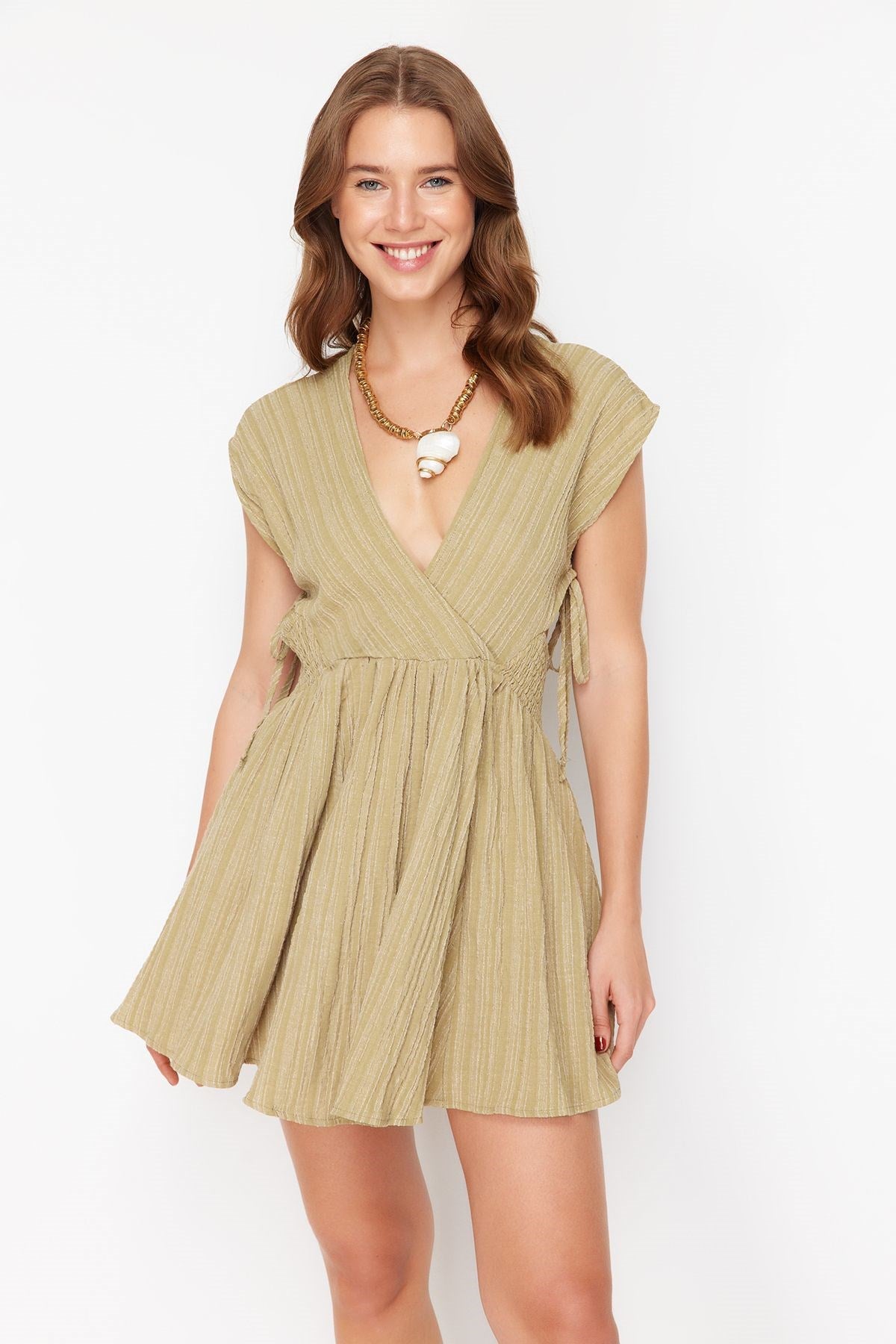 Khaki Mini Woven Cut Out/window Linen Blended Beach Dress Tbess24el00075