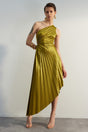 Light Green Asymmetric Knitted Pleated Detailed Satin Evening Dress Evening Dress Tprss23el00557