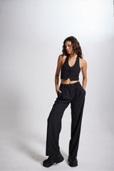 High Waist Fabric Striped Pants Black Hlstripedpants