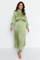 Green Collar And Cuff Drape Detailed Belted Woven Evening Dress Tctss22eb0142