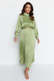 Green Collar And Cuff Drape Detailed Belted Woven Evening Dress Tctss22eb0142