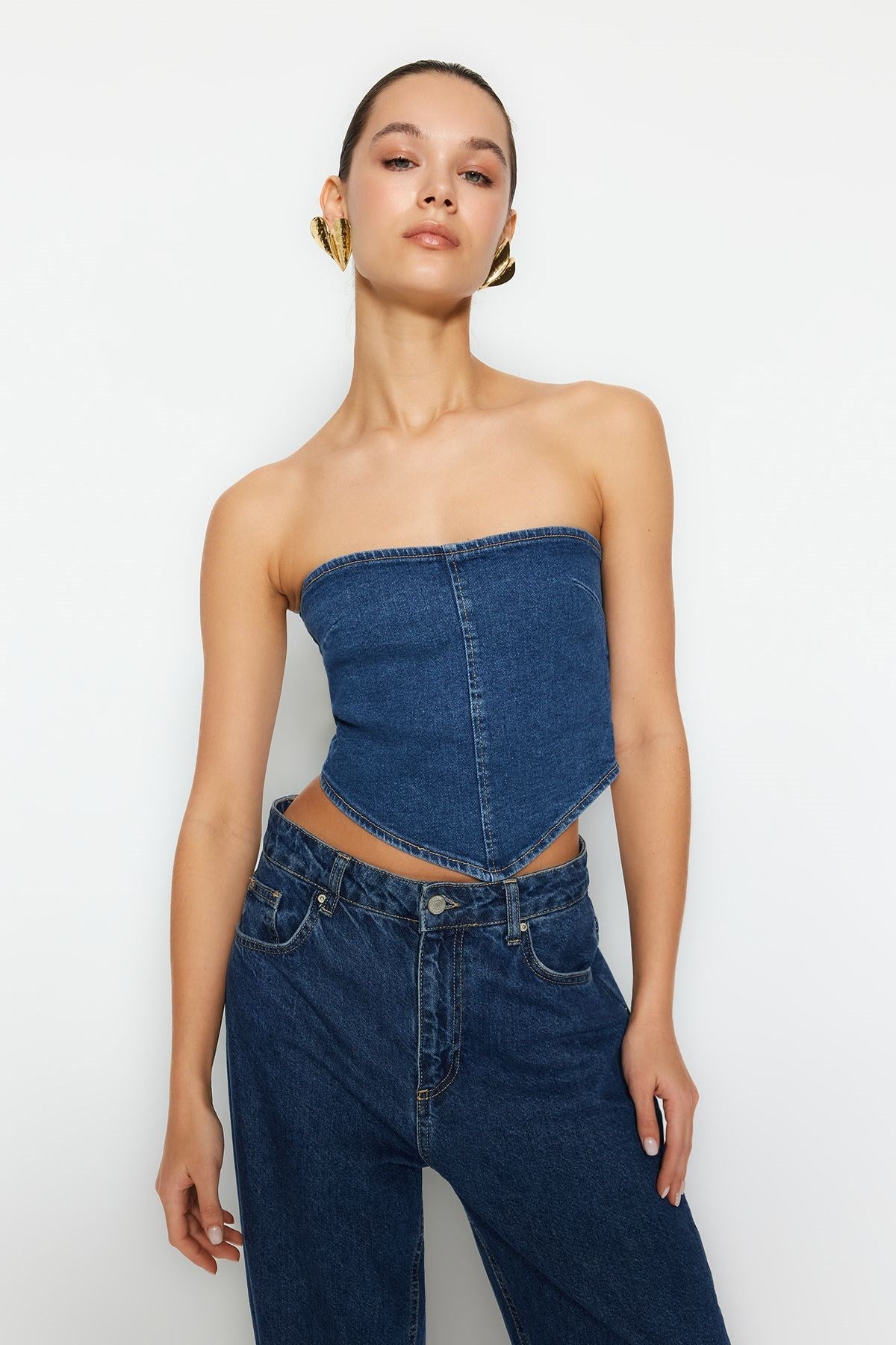 Blue Asymmetric Strapless Denim Bustier Twoss24bs00002