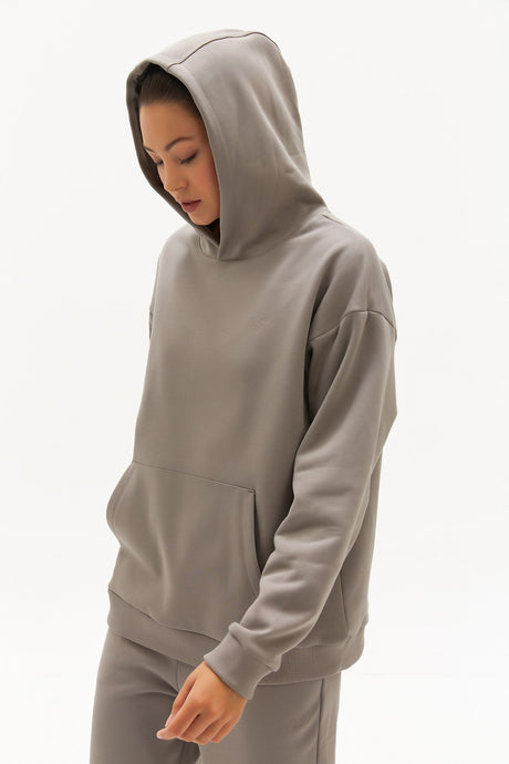 Women's Dark Beige Inner Polar Hooded Solid Color Winter Thick Kangaroo Pocket Casual Sports Sweatsh