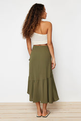 Khaki Ruffle Double-breasted Closure Midi Length Woven Skirt Twoss24et00001