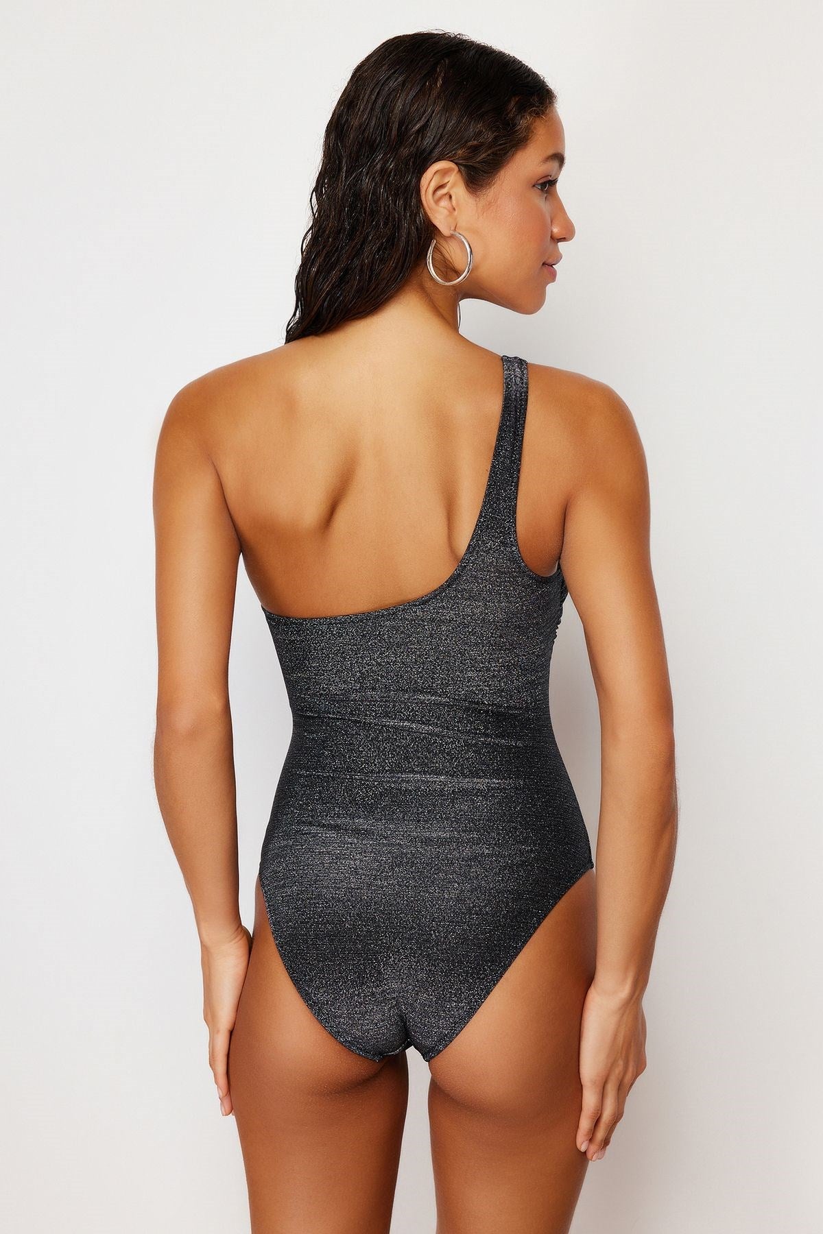 Black One Shoulder Silvery Regular Swimsuit Tbess24ma00097