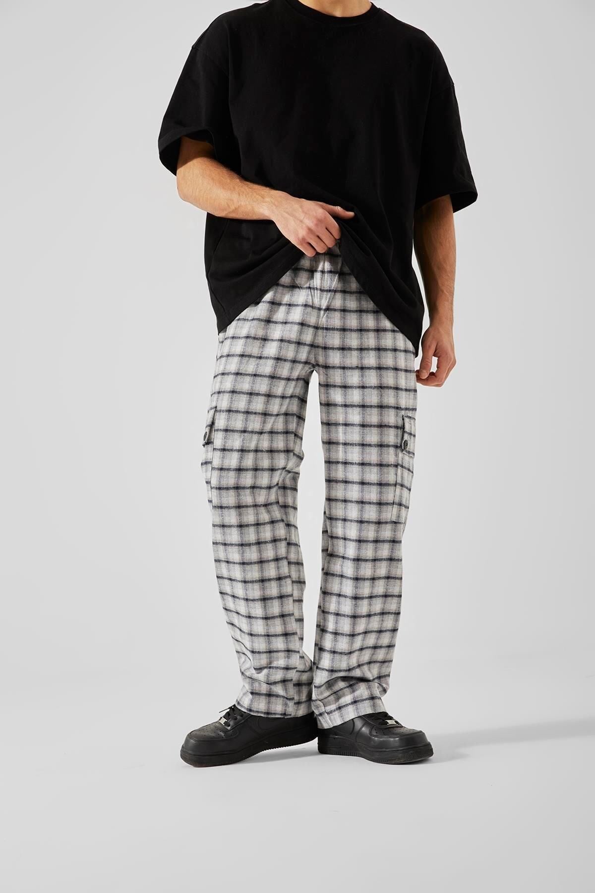 Plaid Pattern Gray Cargo Pocket Pajamas Flaw-148-002-073