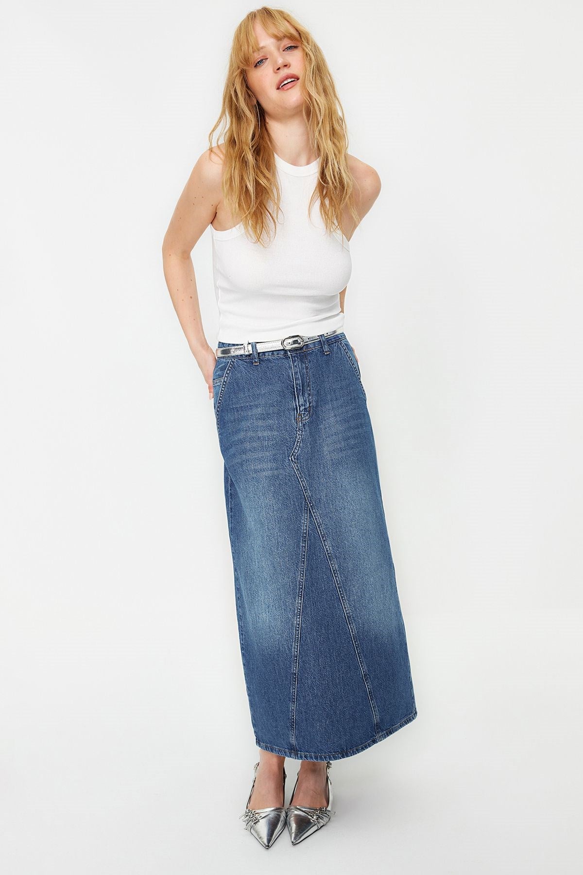 Blue Stitching Detailed High Waist Maxi Denim Skirt Twoss24et00009