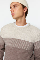 Beige Men's Slim Fit Crew Neck Blocked Sweater Tmnaw21kz0543