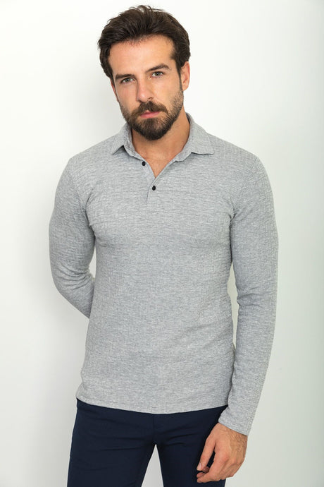 Patterned Gray Color Slim Fit Polo Neck Long Sleeve Men's T-shirt 36758.22k