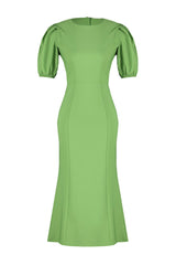 Green Body Wrapping Balloon Sleeve Midi Woven Dress Twoss24el00502