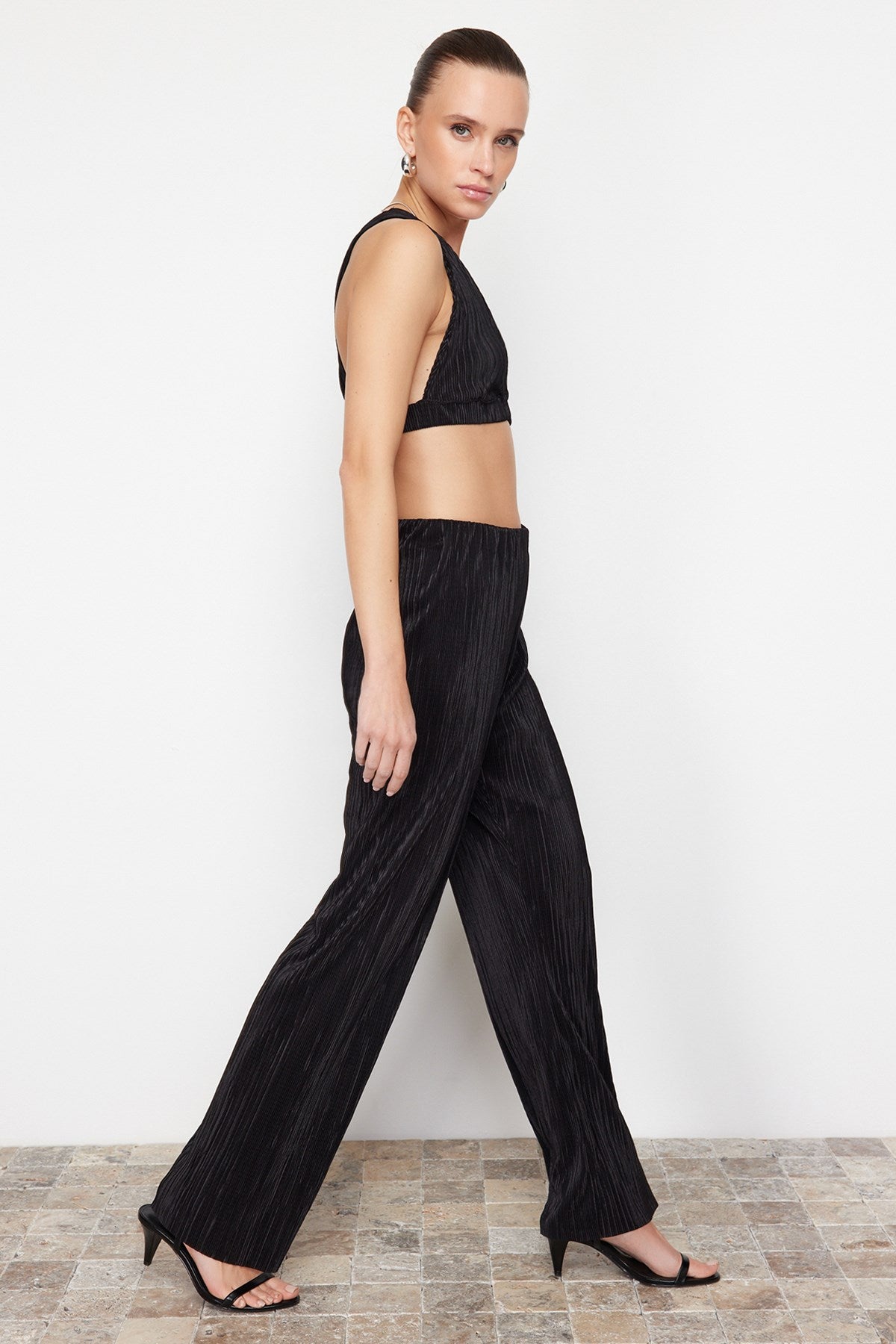 Black Pleated Wide Leg/wide Leg Lined Stretch Knit Pants Twoss24pl00033