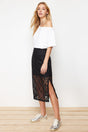 Black Liner Detailed Lace Midi Length Woven Skirt Twoss24et00099