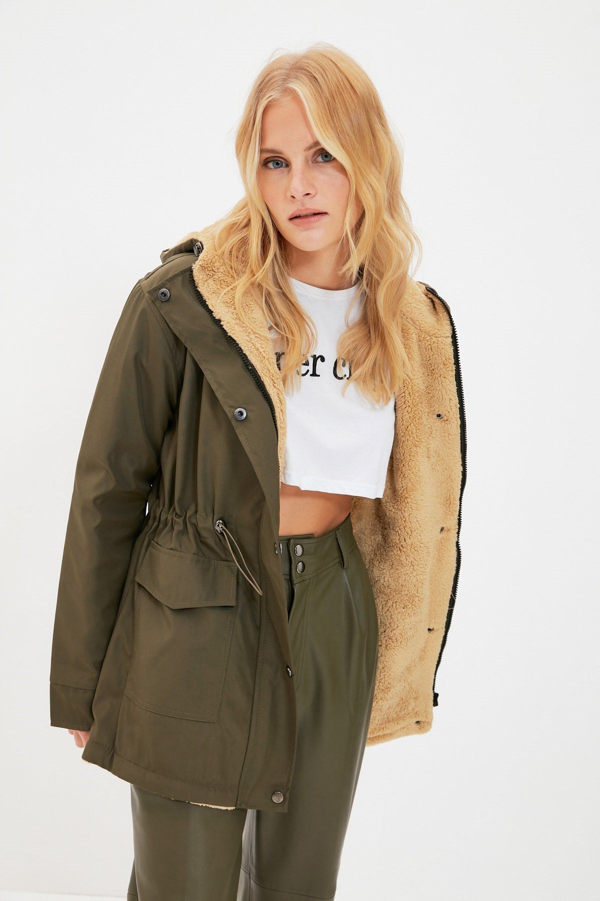 Khaki Hooded Fur Parka Twoaw21kb0065