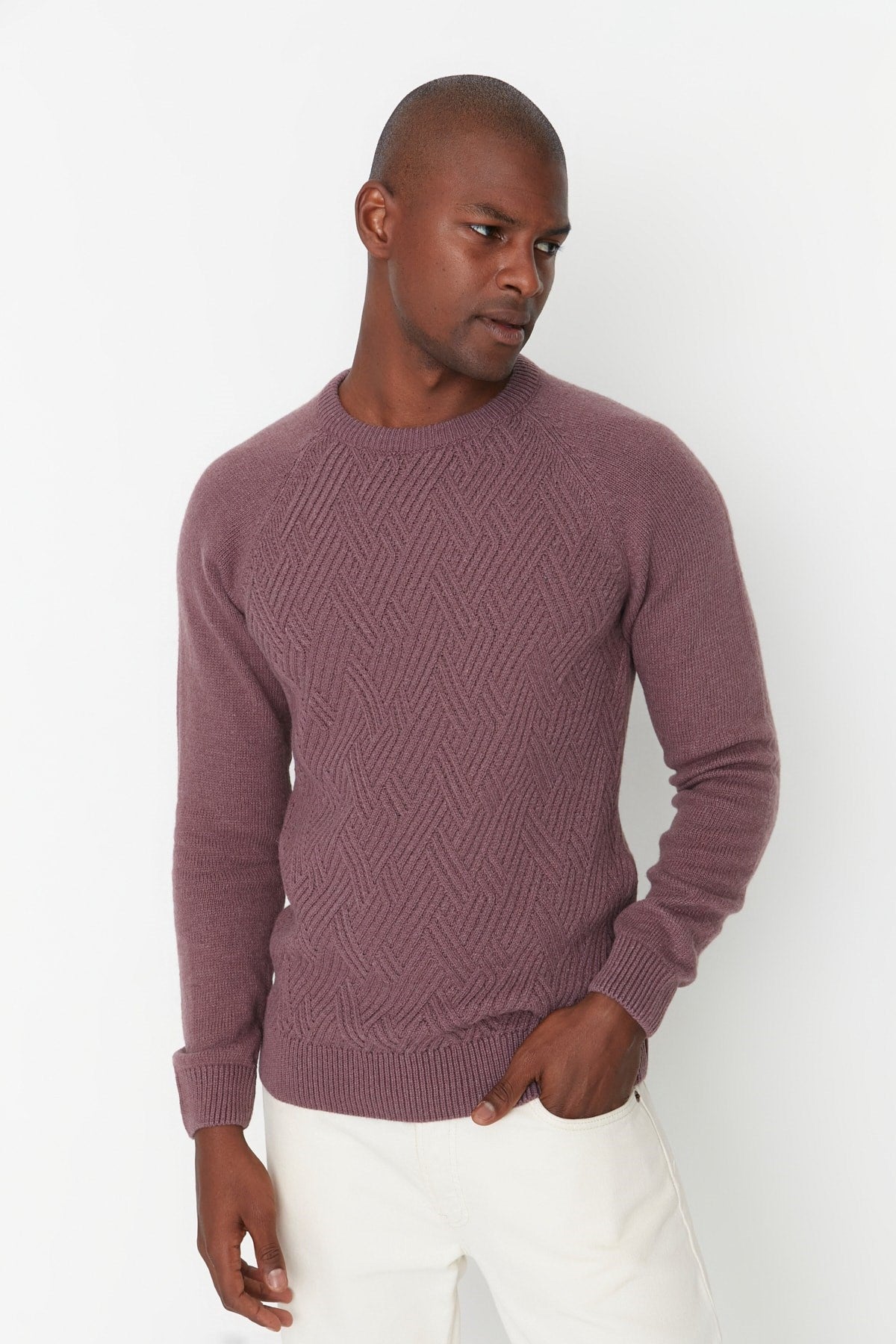 Grey Men's Slim Fit Crew Neck Raglan Sleeve Textured Wool Blended Knitwear Sweater Tmnaw22kz0290