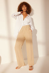 Beige 100% Linen Pleated High Waist Wide Leg Pants Twoss24je00245