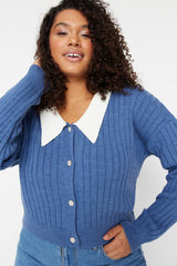 Indigo Ribbed Collar Detail Buttoned Knit Cardigan Tbbaw23av00084