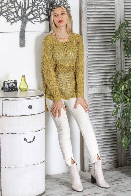 Lemon Mold V Neck Long Sleeve Tie Wash Openwork Jacquard Knitwear Long Fit Blouse M10010200bl92607