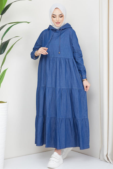 Hooded Detailed Denim Dress Dark Blue 2096