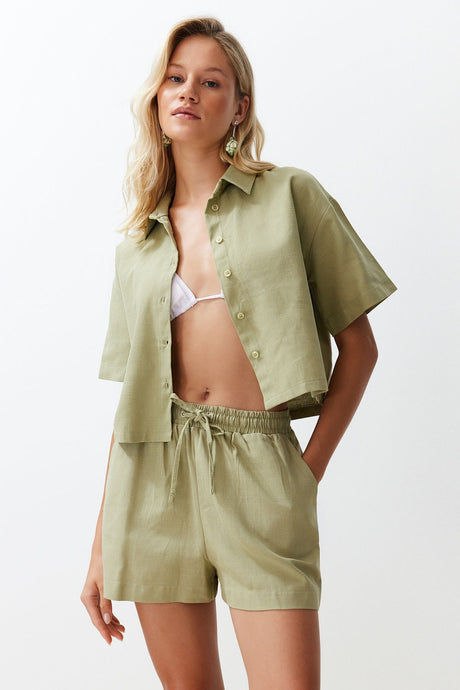 Green Woven Linen Look Shirt Shorts Suit Tbess24au00054