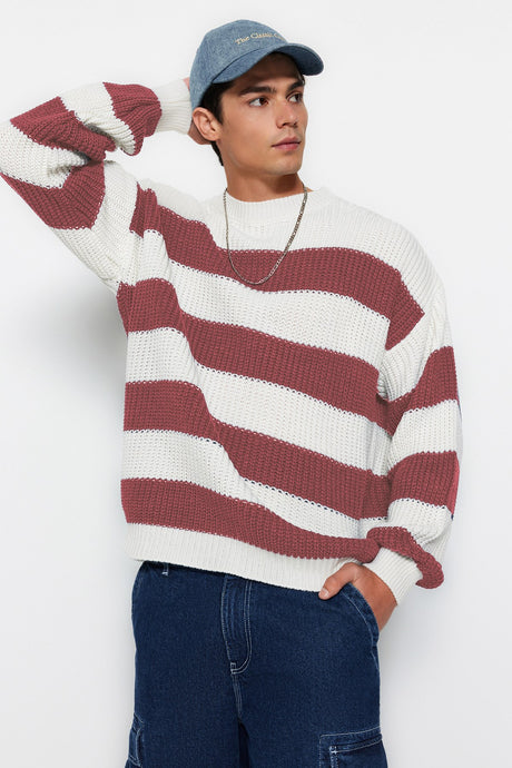 Camel Mens Oversize Fit Wide Pattern Crew Neck Striped Knitwear Sweater Tmnaw23kz00106