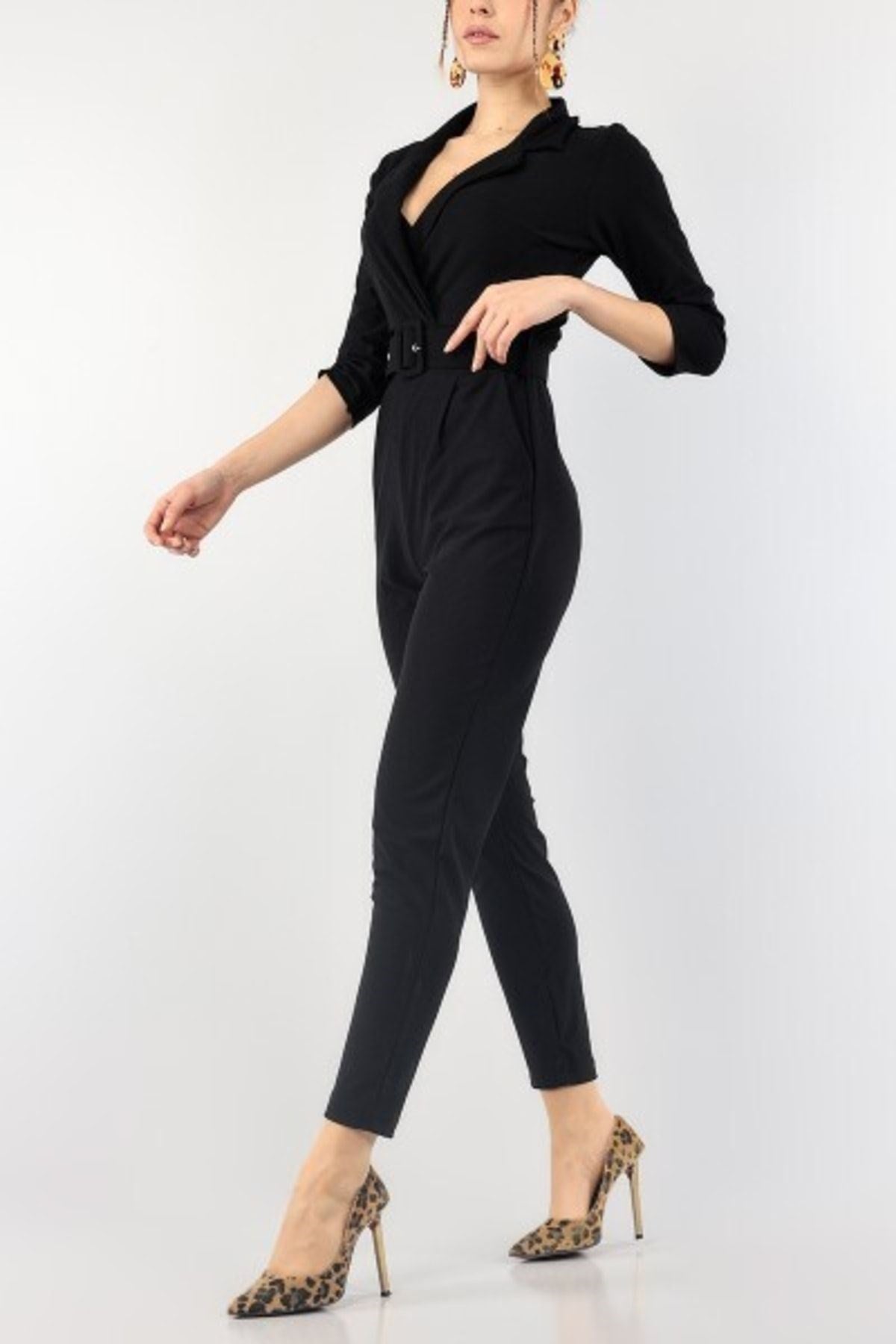 Black Stretch Fabric Double-breasted Collar Belt Detailed Pocketed Evening Dress Jumpsuit Md90589 65