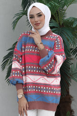 Modest Hijab Knitwear Tunic Patterned Silky Winter Stylish Balloon Sleeve Style Sweater Tunic B103