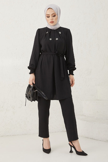 Elira Belted Pearl Detail Suit - Black Ms00or03939