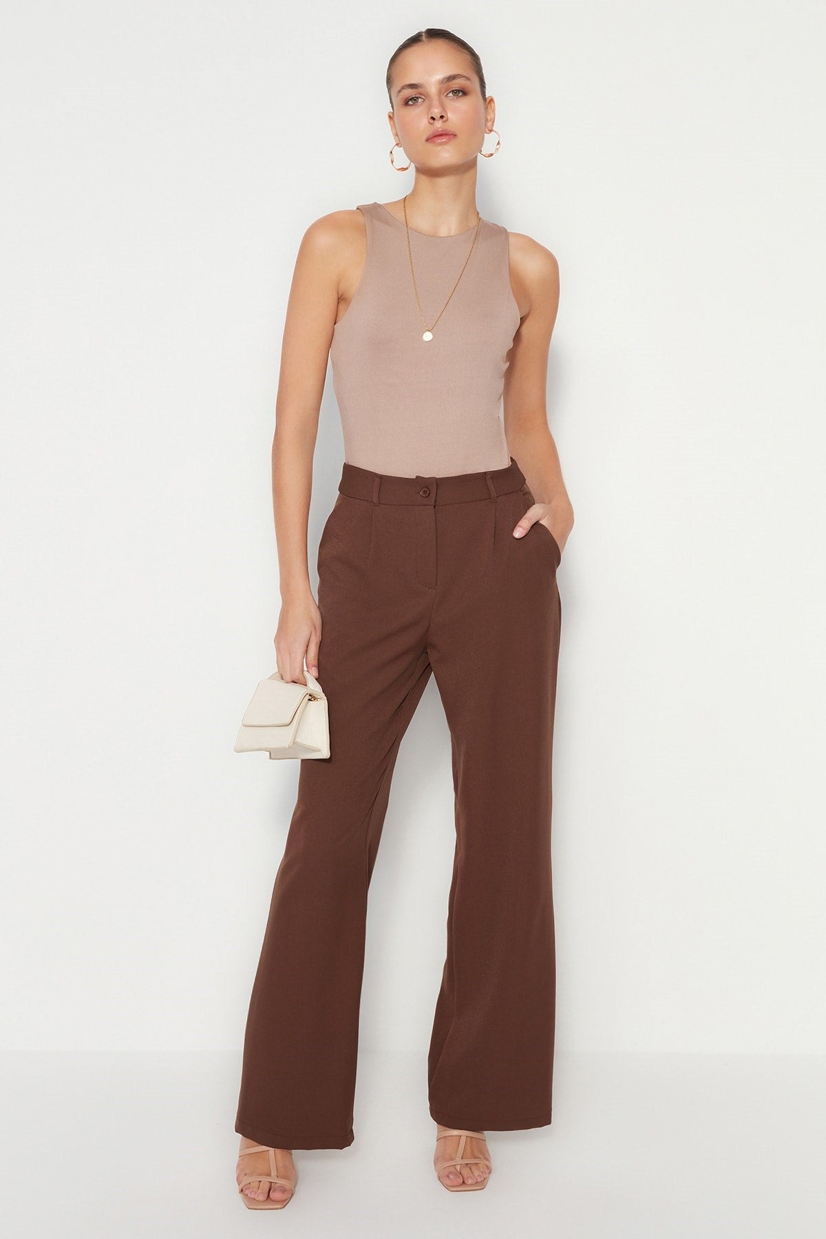 Brown High Waist Wide Leg/wide Leg Pleated Woven Pants Twoaw21pl0076