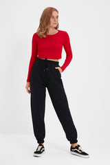 Navy Blue Thick Pleated Basic Knitted Sweatpants Twoaw22ea0468