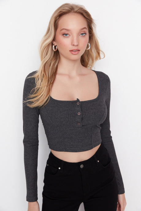 Anthracite Button Detailed Square Neckline Fitted/body-fitting Ribbed Flexible Crop Knit Blouse Twoa