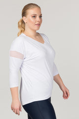 Women's Plus Size White V Neck Workout Long Sleeve Sweatproof Casual And Sports Bodysuit T-shirt 176