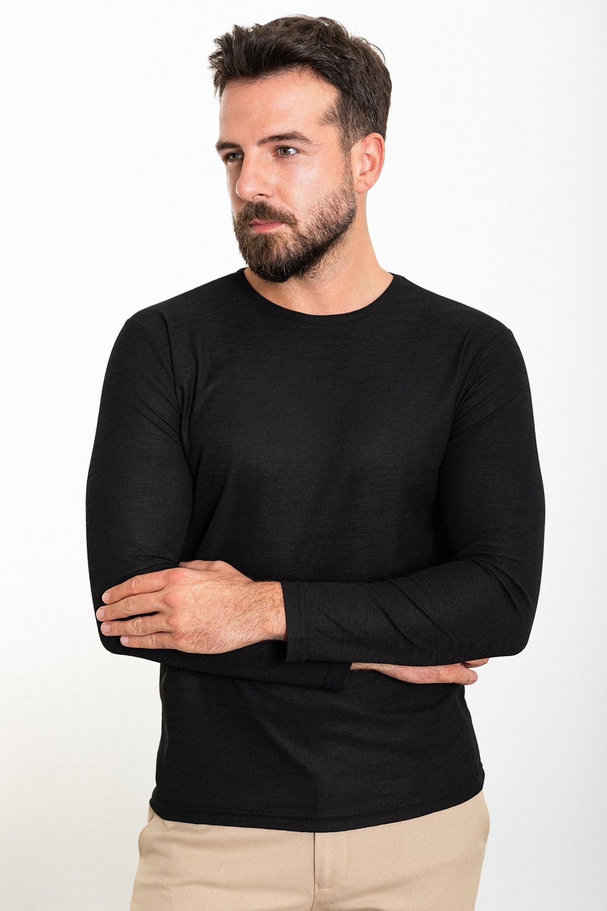 Plain Black Slim Fit Crew Neck Long Sleeve Mens T-shirt 36801.23k