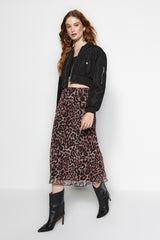 Multicolor Leopard Pattern Lined Tulle A Cut/bell Form Midi Knitted Skirt Twoaw24et00130