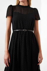 Black Belted A Cut Lined Midi Woven Dress Twoss20el0983