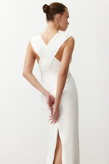 White Deep V Neck Woven Long Elegant Evening Dress Tprss24ae00147