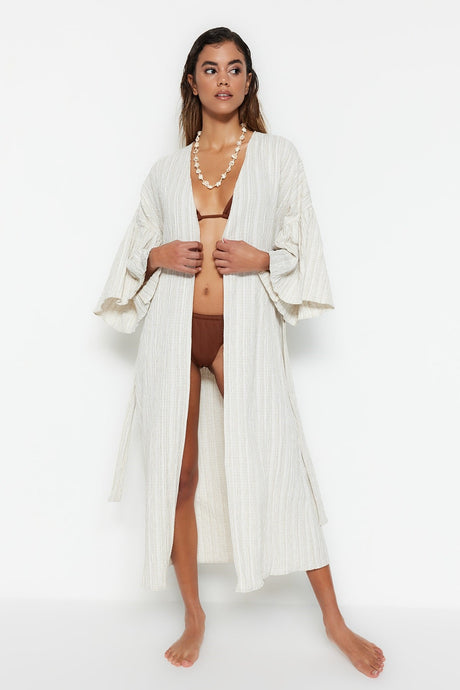 Ecru Belted Maxi Woven Ruffle Linen Blend Kimono&kaftan Tbess23km00028