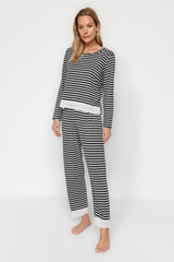 Powder Striped Lace Detailed Tshirt-pants Knitted Pajama Set Thmaw24pt00183