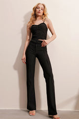 Women's Black Front Grass Striped Pants Alc-x10113