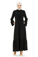 Black Abaya 3457 T22fr3m3457 With Lace-up Stone Embroidered Collar