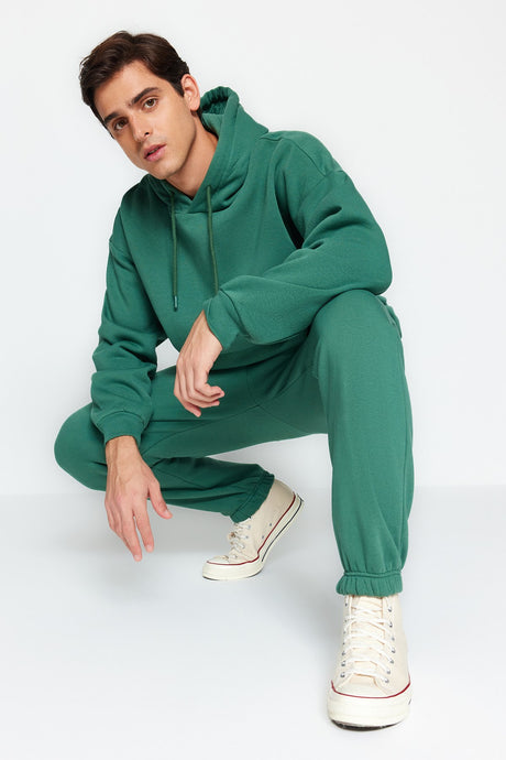 Green Men's Oversize Basic Hooded Leg Elastic Basic Inner Soft Feather Cotton Tracksuit Tmnaw24em000