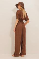 Women's Light Beige Collar Striped Crop Top And Palazzo Pants Suit Alc-x10652