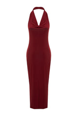 Burgundy Degaje Collar Flexible Knitted Midi Pencil Dress Twoss24el00106