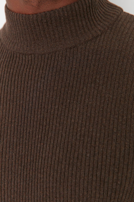 Brown Men's Fitted Slim Fit Half Turtleneck Ribbed Knitwear Sweater Tmnaw21kz0568