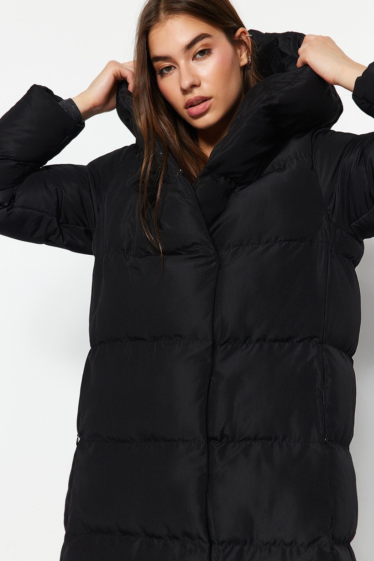 Black Oversize Side Snap Closure Water Repellent Long Quilted Inflatable Coat Twoaw24mo00044