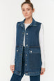 Indigo Shirt Collar Pocket Detailed 100% Cotton Denim Vest Jacket Tctaw22ck0006