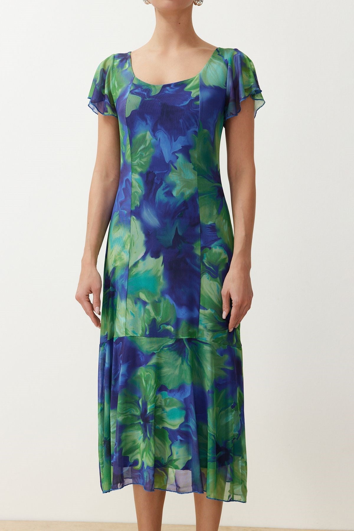 Blue Floral Square Neckline Midi A Cut/bell Form Knitted Midi Dress Twoss24el00876