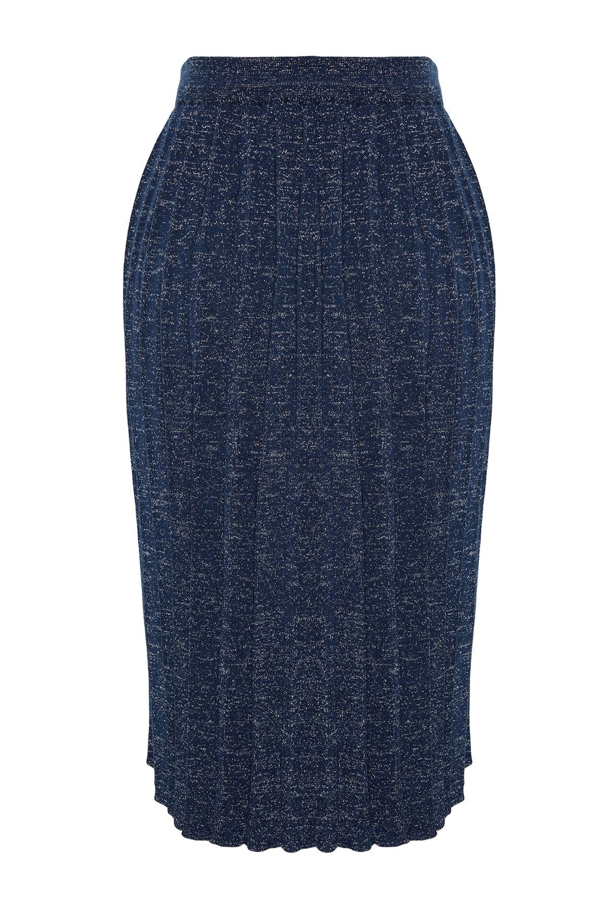 Navy Blue Glitter Yarn Pleated Knitwear Skirt Twoaw24et00000