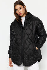 Black Hooded Double-sided Wearable Plush Quilted Inflatable Coat Twoaw24mo00018